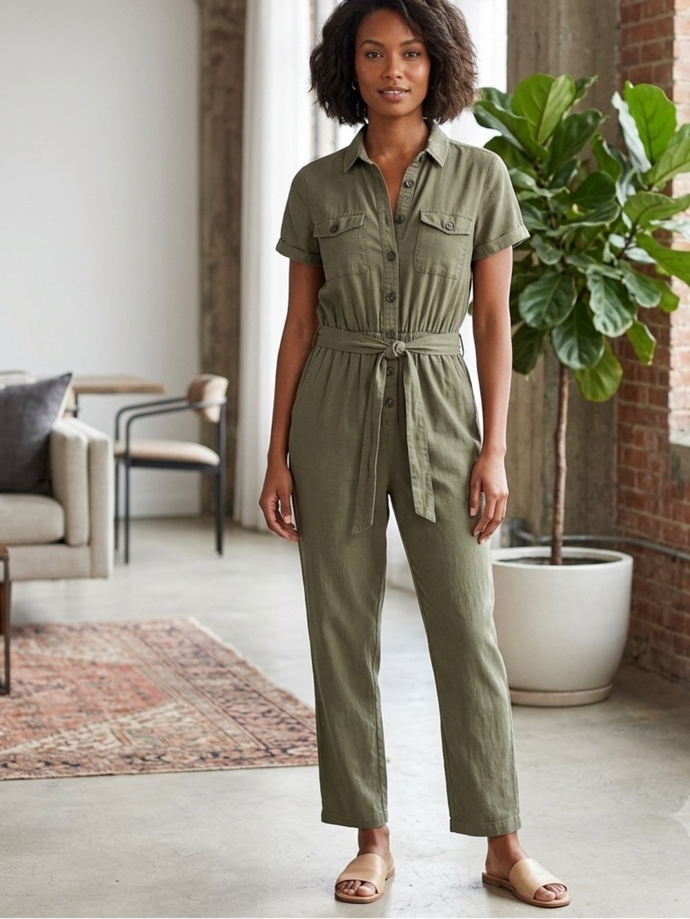 SO Olive Green utility Jumpsuit with Elastic Waist and Short Sleeves Size S